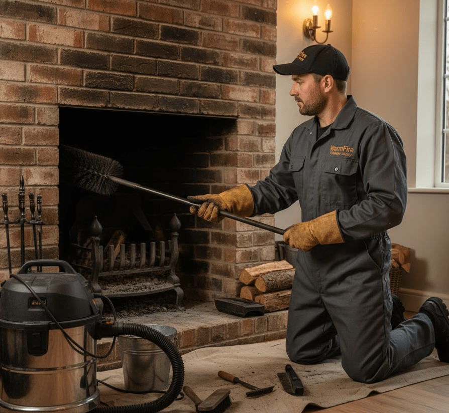 WarmFire technician performing chimney cleaning service in Dallas home